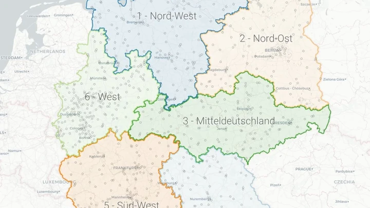 Karte der Deutschlandnetz-Regionen Nord-West, Nord-Ost, West, Mitteldeutschland und Süd-West