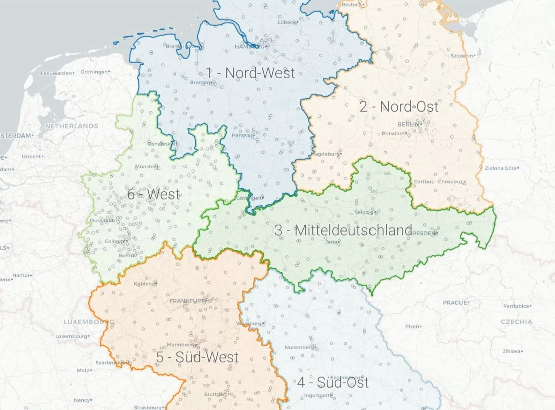 Karte der Deutschlandnetz-Regionen Nord-West, Nord-Ost, West, Mitteldeutschland und Süd-West