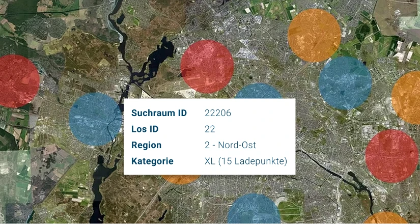 Satellitenkarte eines Stadtgebiets mit farbigen Suchraum-Kreisen und einem Datenfeld: Suchraum ID 22206, Los ID 22, Region 2 – Nord-Ost, Kategorie XL mit 15 Ladepunkten