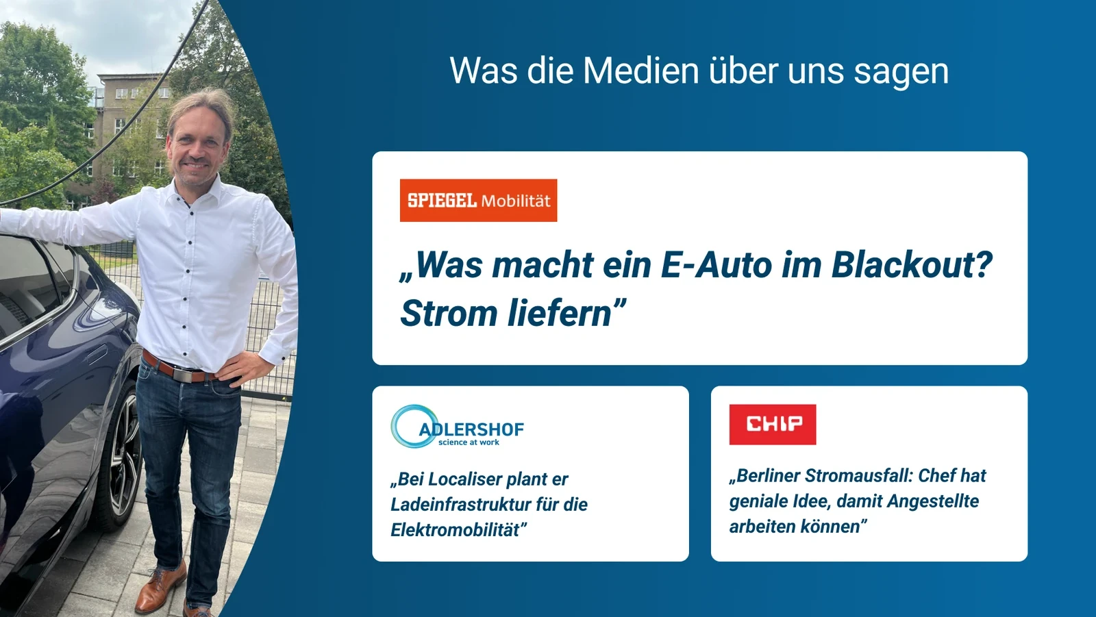 Collage “What the media say about us”: Oliver Arnhold beside his electric car, with quotes from Spiegel, Adlershof Journal and Chip
