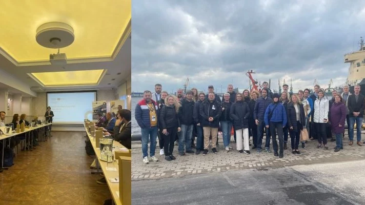 Meeting room and group photo of the HyTruck partners at the port of Riga
