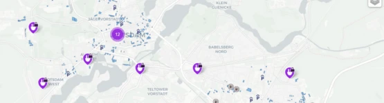 Kartenausschnitt um Potsdam mit Ladepunkten in der Localiser-App