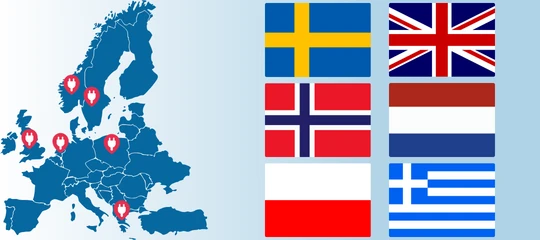 Europakarte mit Ladepunkten und den Flaggen Schwedens, des Vereinigten Königreichs, Norwegens, der Niederlande, Polens und Griechenlands
