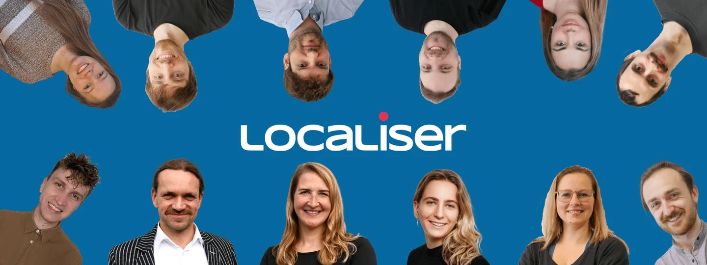 Collage of Localiser team members around the Localiser logo