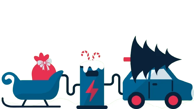 Christmas illustration with a sleigh, a charging station and an electric car