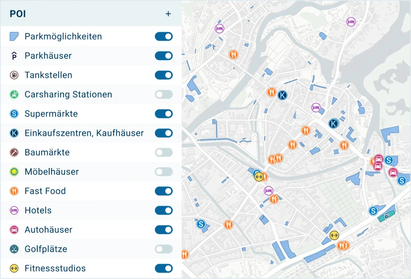 Localiser-App: Liste der Points of Interest wie Parkmöglichkeiten, Supermärkte und Hotels, einzeln zuschaltbar neben der Karte