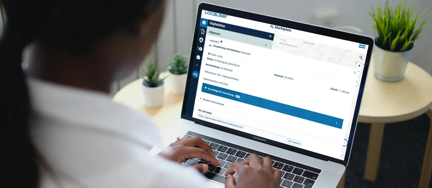 Laptop showing the matching function of Localiser's hydrogen marketplace