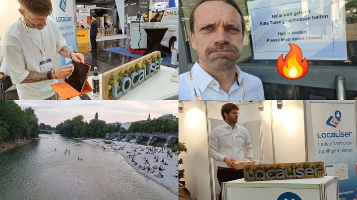 Impressions from Power2Drive Europe 2026: the Localiser stand, a “Hall is heated” sign and the Isar in Munich