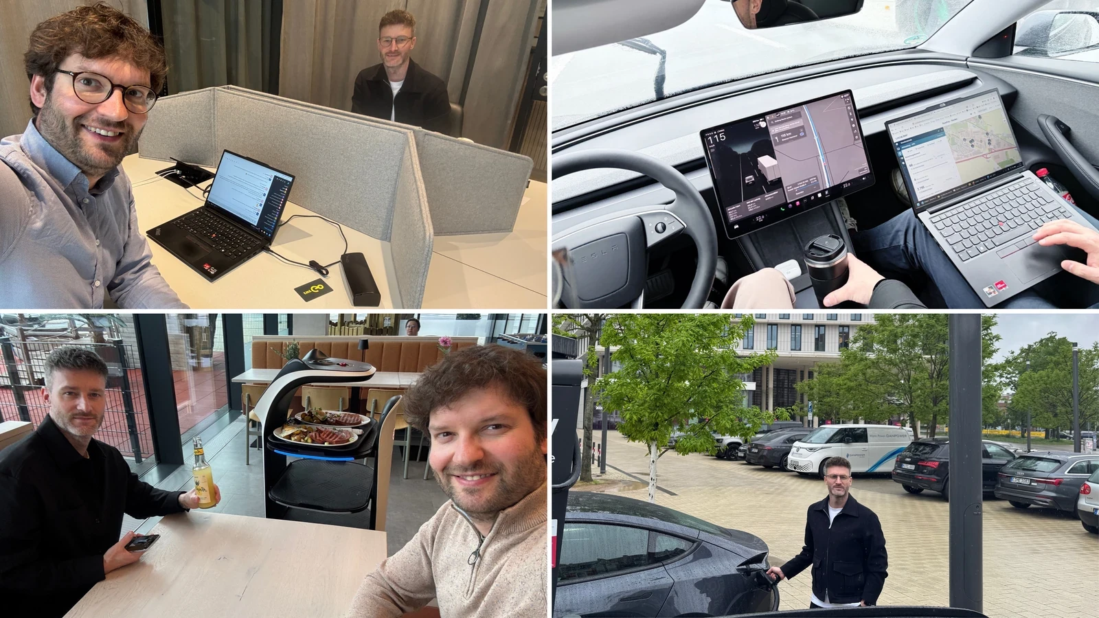 Alexander and Kai on the road: at a desk, in the car, at lunch and at a charging station