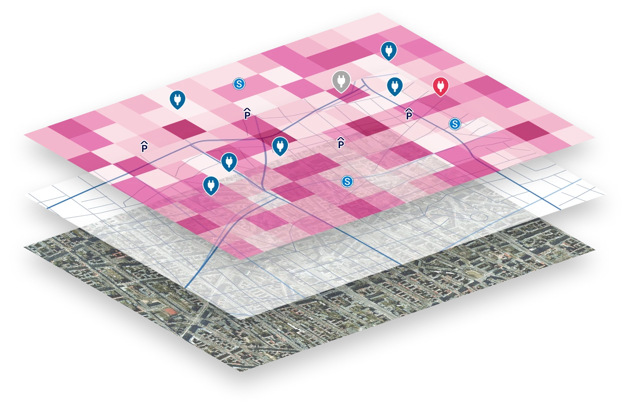 Digitalatlas der Localiser-App: drei übereinanderliegende Kartenebenen – Potenzial als farbiges Raster mit Ladepunkten, Straßennetz und Satellitenbild – neben dem Menü mit Allgemein, Infrastruktur, Besondere POI, Potenzial und TEN-T