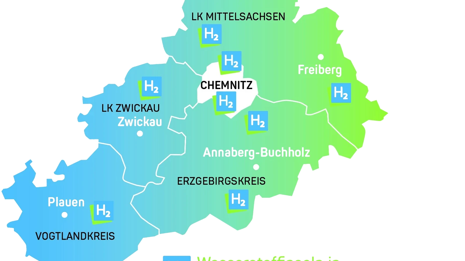 Karte der Modellregion Chemnitz mit Wasserstoffstandorten in Mittelsachsen, Zwickau, im Erzgebirgskreis und im Vogtlandkreis