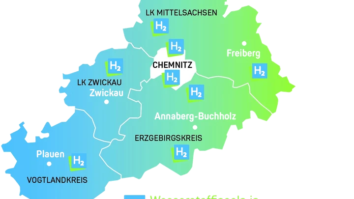 Map of the Chemnitz model region with hydrogen sites in Mittelsachsen, Zwickau, the Erzgebirgskreis and the Vogtlandkreis